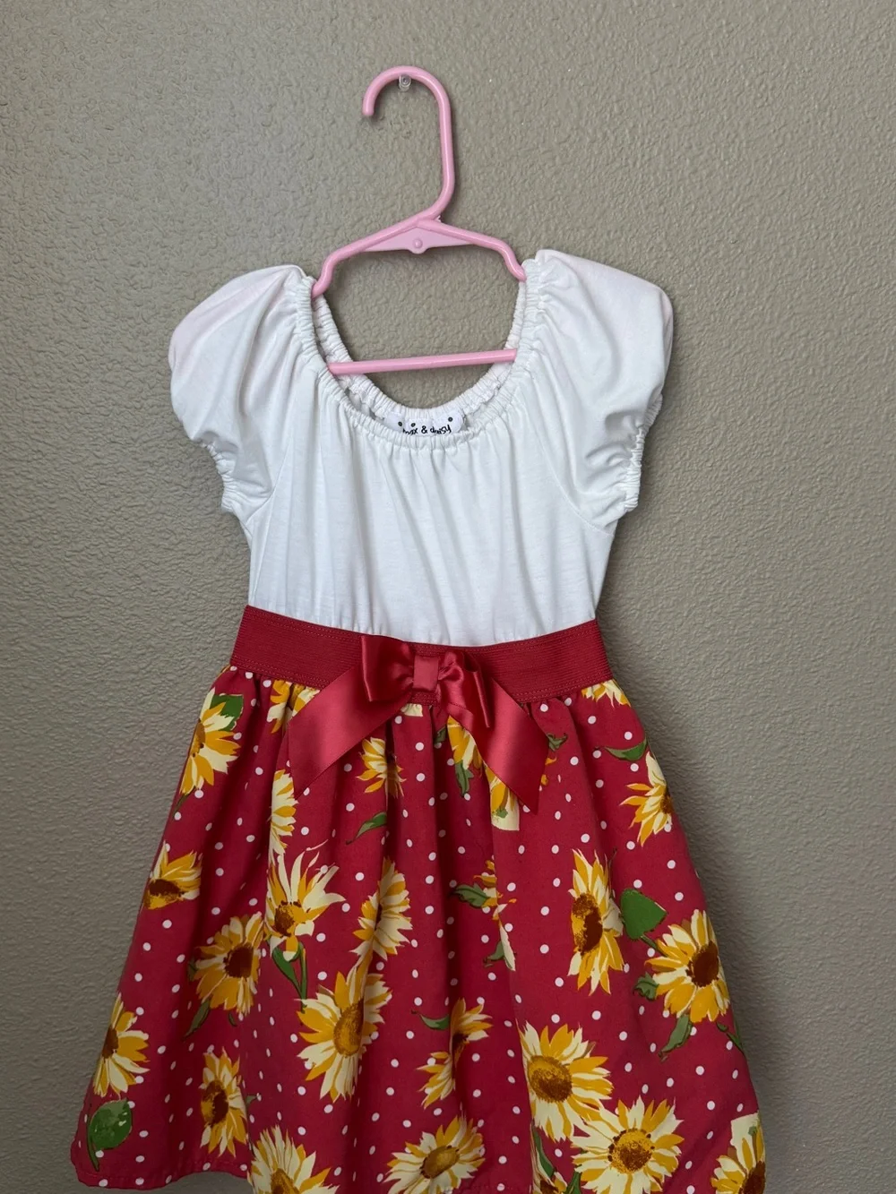 Girls White Top Red Sunflower Skirt Dress with Bow
